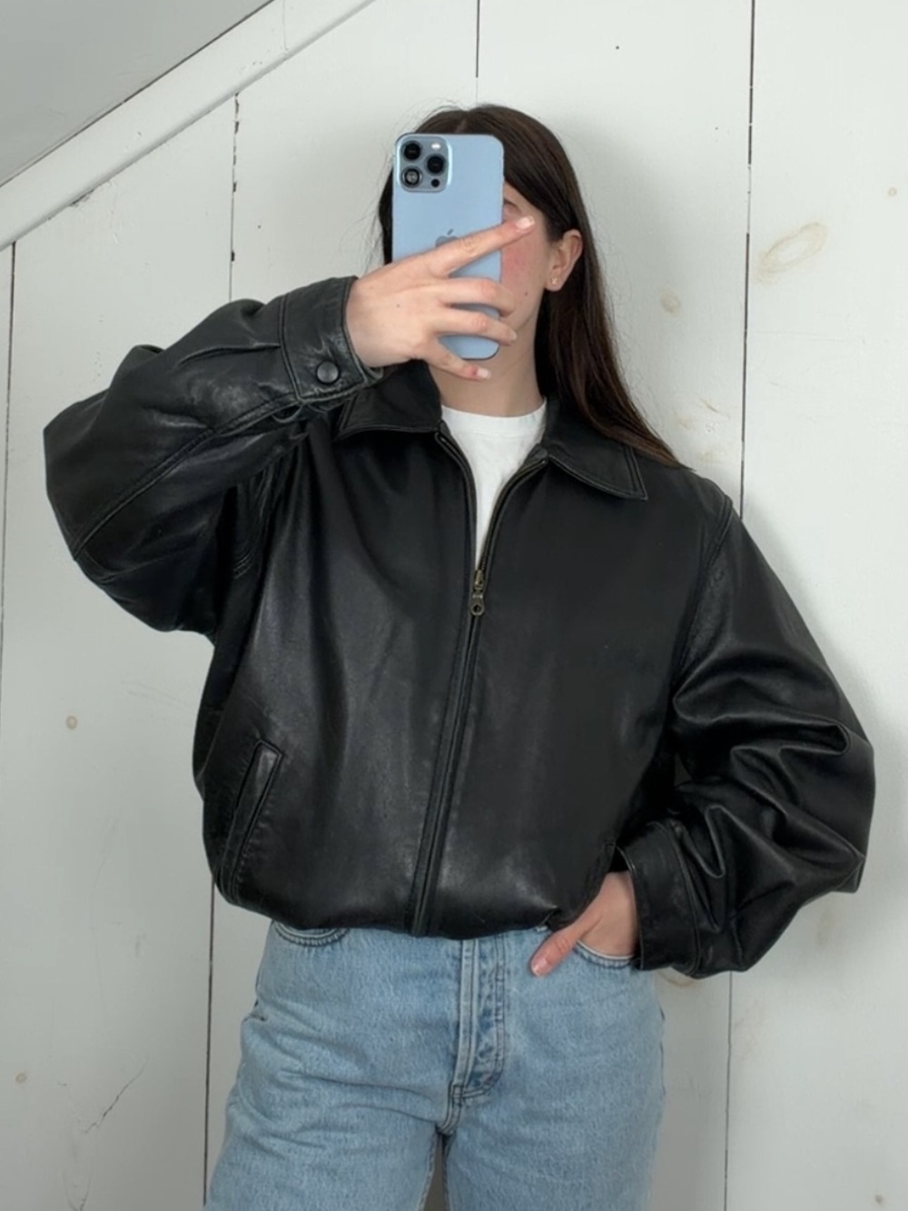 Vintage Covington Black Genuine Leather Full Zip Bomber Jacket Men’s L 90s Y2K